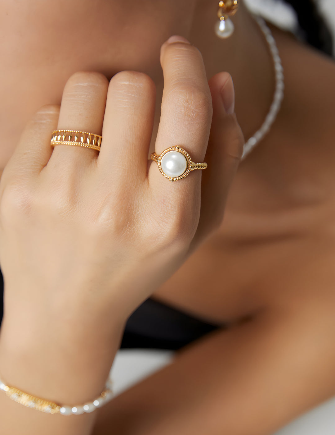 Timeless Elegance Pearl Ring - S925 Sterling Silver with 18K Gold Vermeil  - exudes vintage charm and classic design