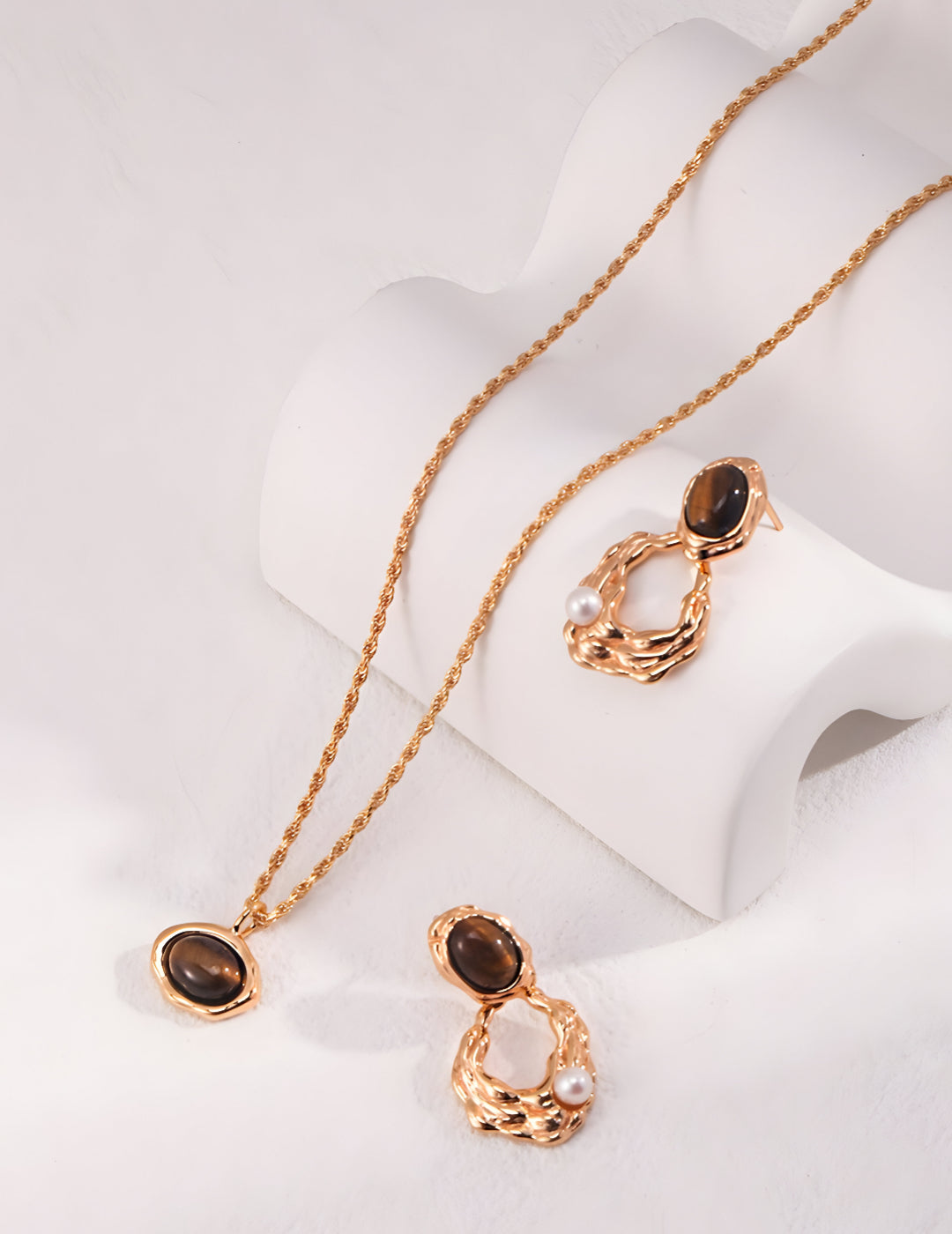 Luxe Earrings  - S925 sterling pure silver - 18K Gold Vermeil-   Pearl Luminance - adorned with majestic Tiger's Eye gemstones that capture every gaze - Elevate your style with a touch of exotic allure. Embrace beauty and confidence, effortlessly