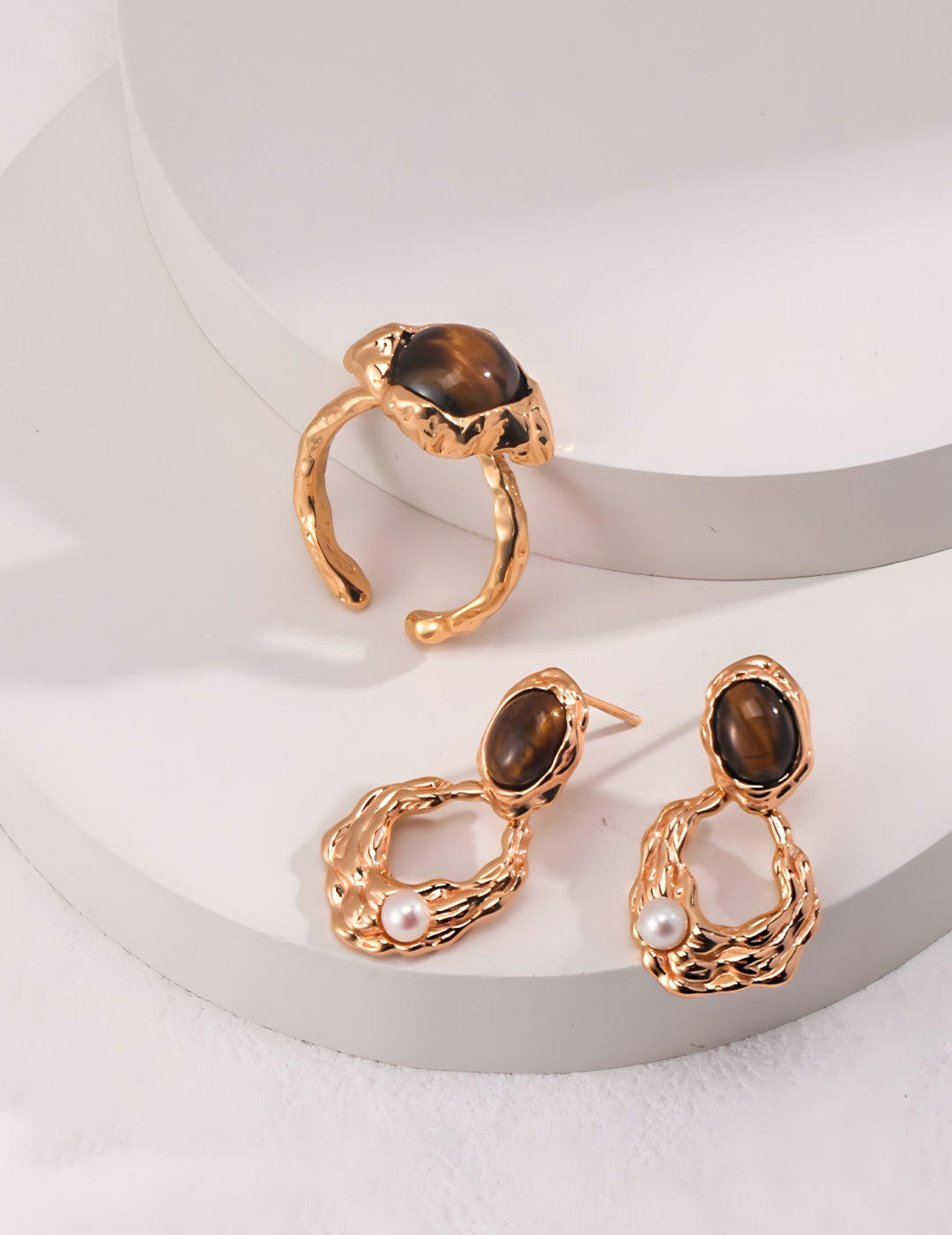 Luxe Earrings - S925 sterling pure silver - 18K Gold Vermeil- Pearl Luminance - adorned with majestic Tiger's Eye gemstones that capture every gaze - Elevate your style with a touch of exotic allure. Embrace beauty and confidence, effortlessly