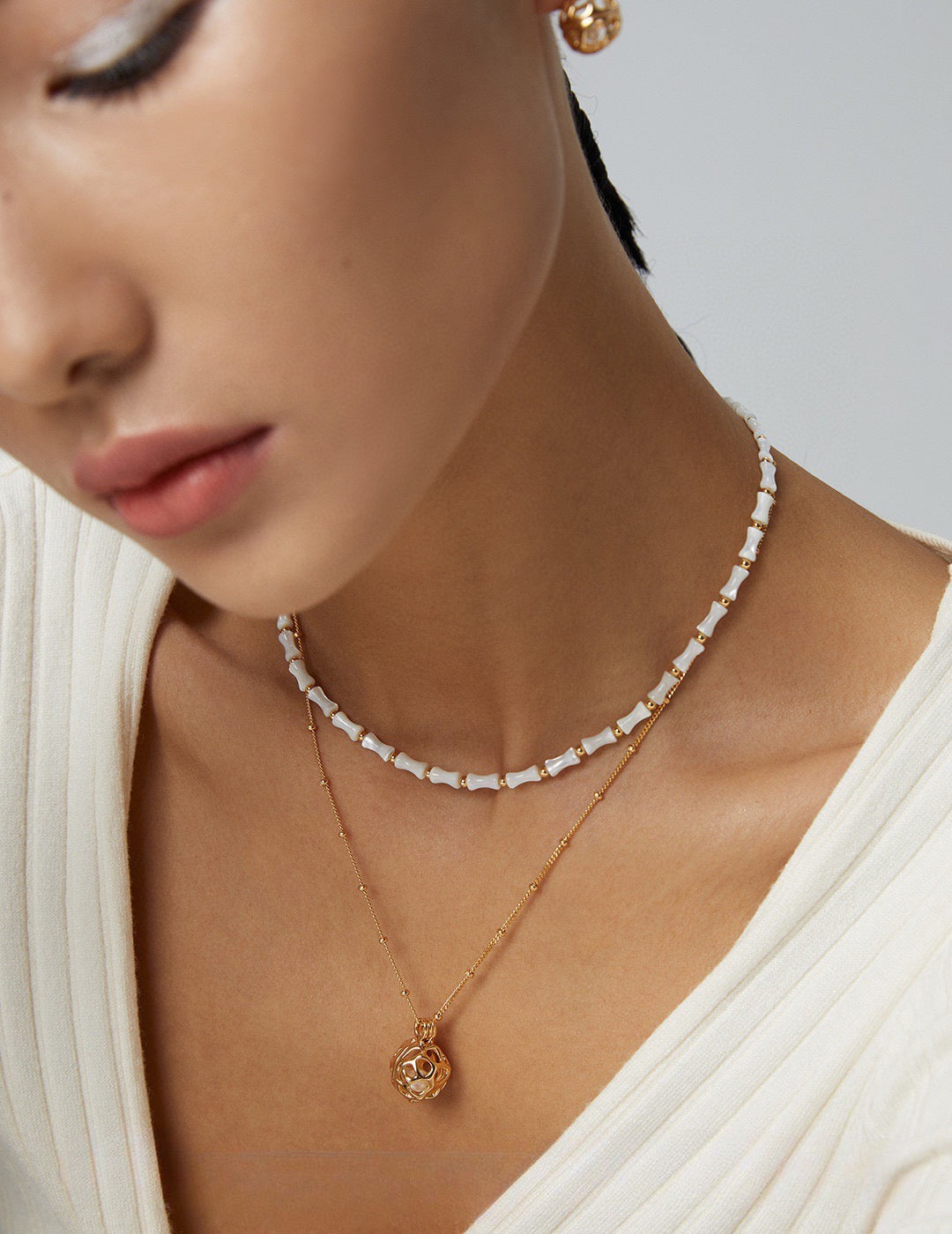 Bamboo Knot Pearl Necklace - S925 Sterling Silver with 18K Gold Vermeil - Pearl Luminance - Graceful Orchid elegance