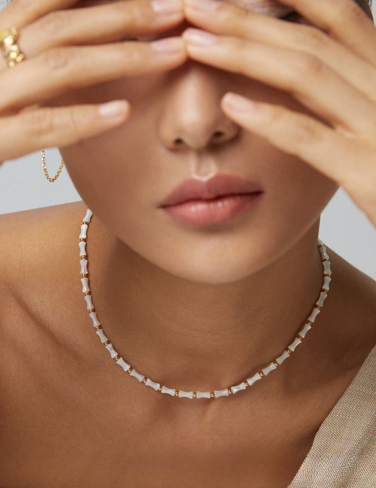 Bamboo Knot Pearl Necklace - S925 Sterling Silver with 18K Gold Vermeil - Pearl Luminance - Graceful Orchid elegance