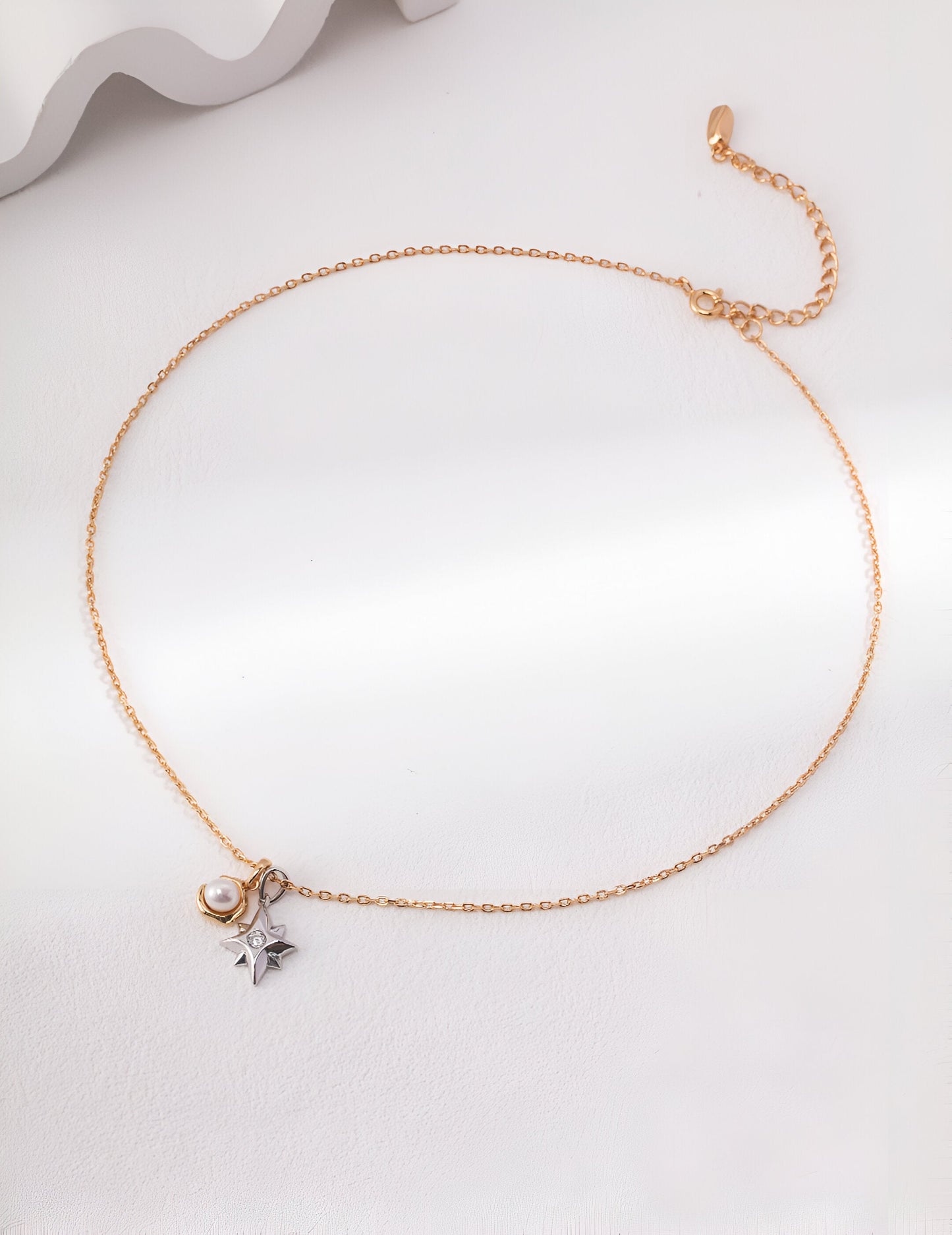 Moon and Star Exquisite Necklace - S925 Sterling Silver with 18K Gold Vermeil and Zircon- Pearl Luminance - Celestial allure - a celestial masterpiece that will captivate your heart