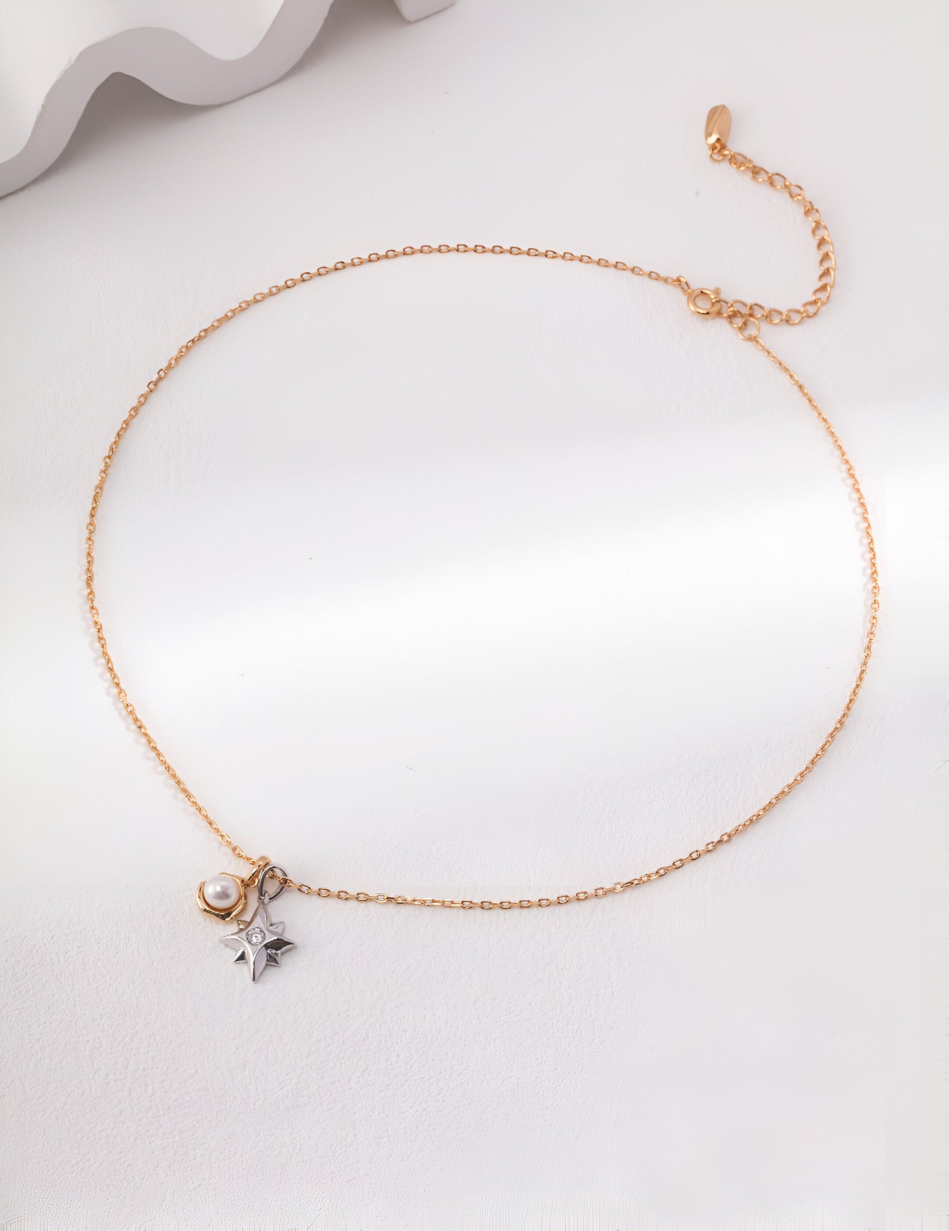 Moon and Star Exquisite Necklace - S925 Sterling Silver with 18K Gold Vermeil  and Zircon- Pearl Luminance - Celestial allure  - a celestial masterpiece that will captivate your heart