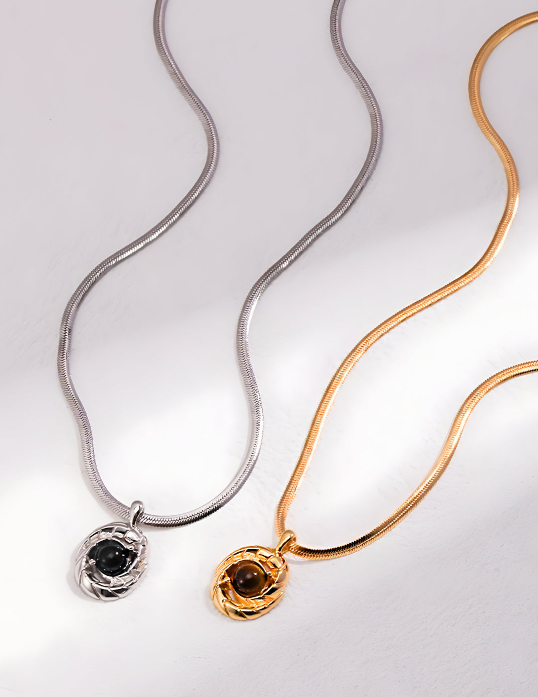 Vintage Gold Necklace with Black Agate Gemstone and Tiger’s Eye Stone - S925 Sterling Silver with 18K Gold Vermeil - Delicate Charisma