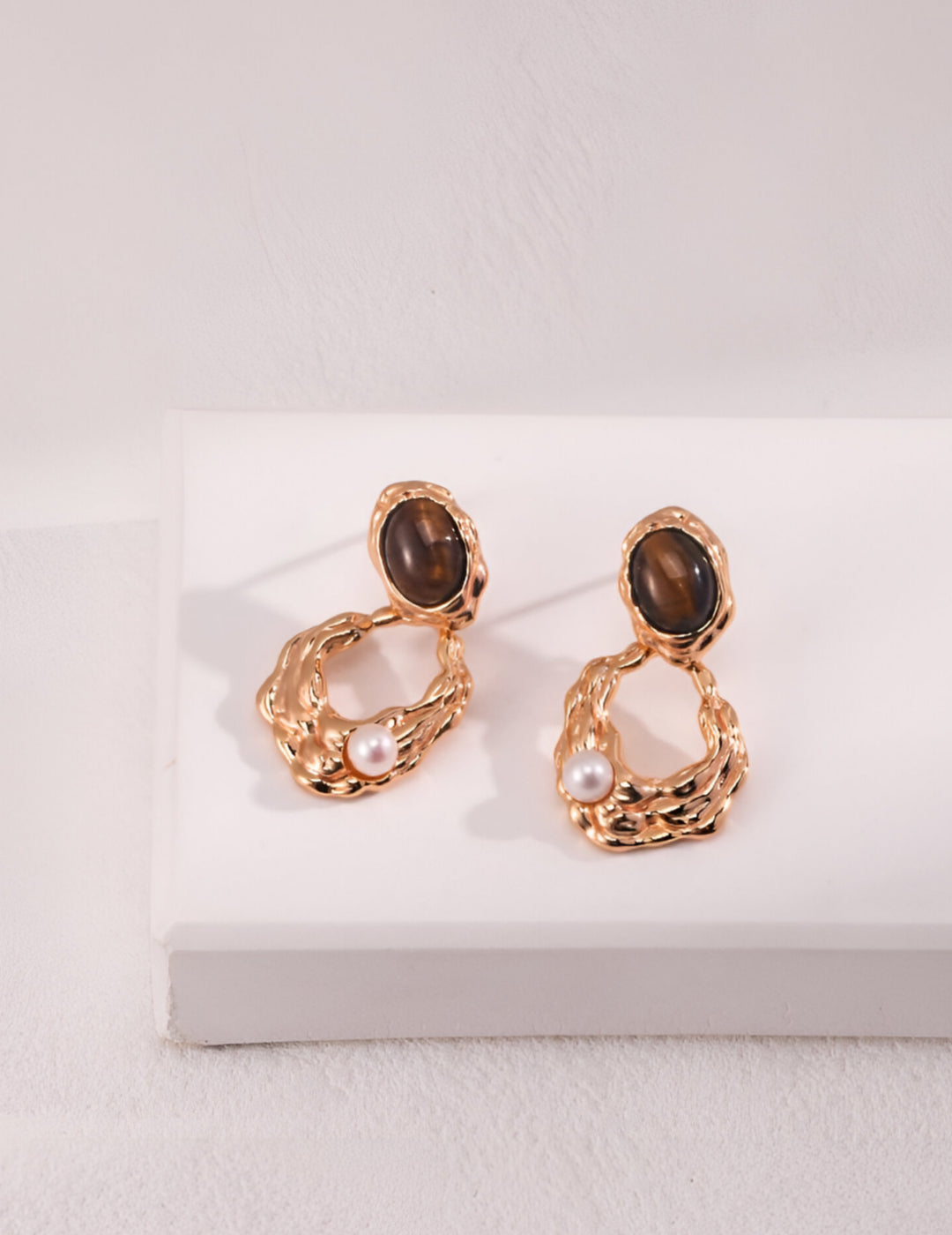 Luxe Earrings  - S925 sterling pure silver - 18K Gold Vermeil-   Pearl Luminance - adorned with majestic Tiger's Eye gemstones that capture every gaze - Elevate your style with a touch of exotic allure. Embrace beauty and confidence, effortlessly