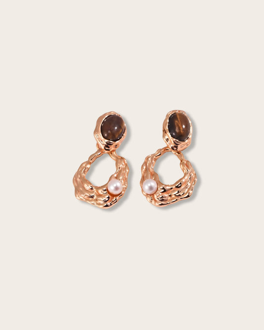 Luxe Earrings  - S925 sterling pure silver - 18K Gold Vermeil-   Pearl Luminance - adorned with majestic Tiger's Eye gemstones that capture every gaze - Elevate your style with a touch of exotic allure. Embrace beauty and confidence, effortlessly