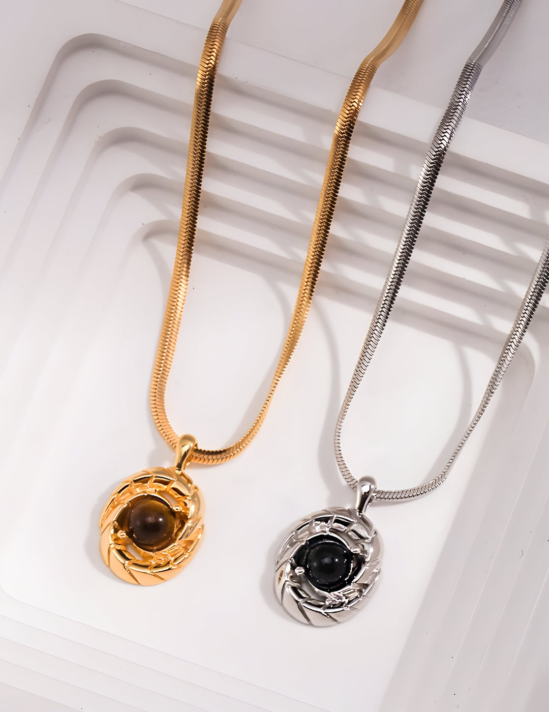 Vintage Gold Necklace with Black Agate Gemstone and Tiger’s Eye Stone - S925 Sterling Silver with 18K Gold Vermeil - Delicate Charisma